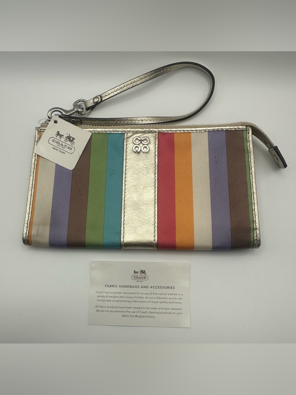 COACH Julia Legacy Stripe Satin Multi Color Wristlet Wallet Gold Leather NWT NOS